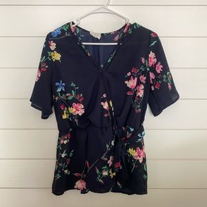 Navy Floral Surplice Mock Wrap Dress